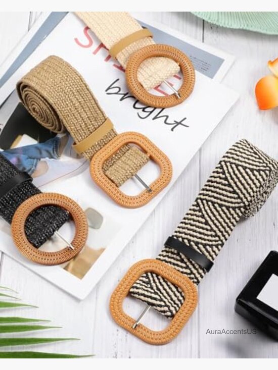 Boho Raffia Woven Belts Set of 4 Elastic Stretch Waist Belt for Dresses Jeans